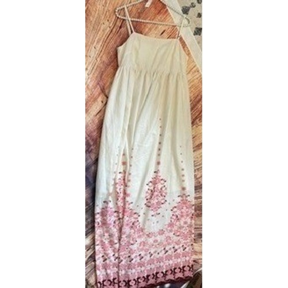 Tree of Life Cream Pink Floral Damask Border Print Linen Maxi Dress Empire Waist - Picture 8 of 12